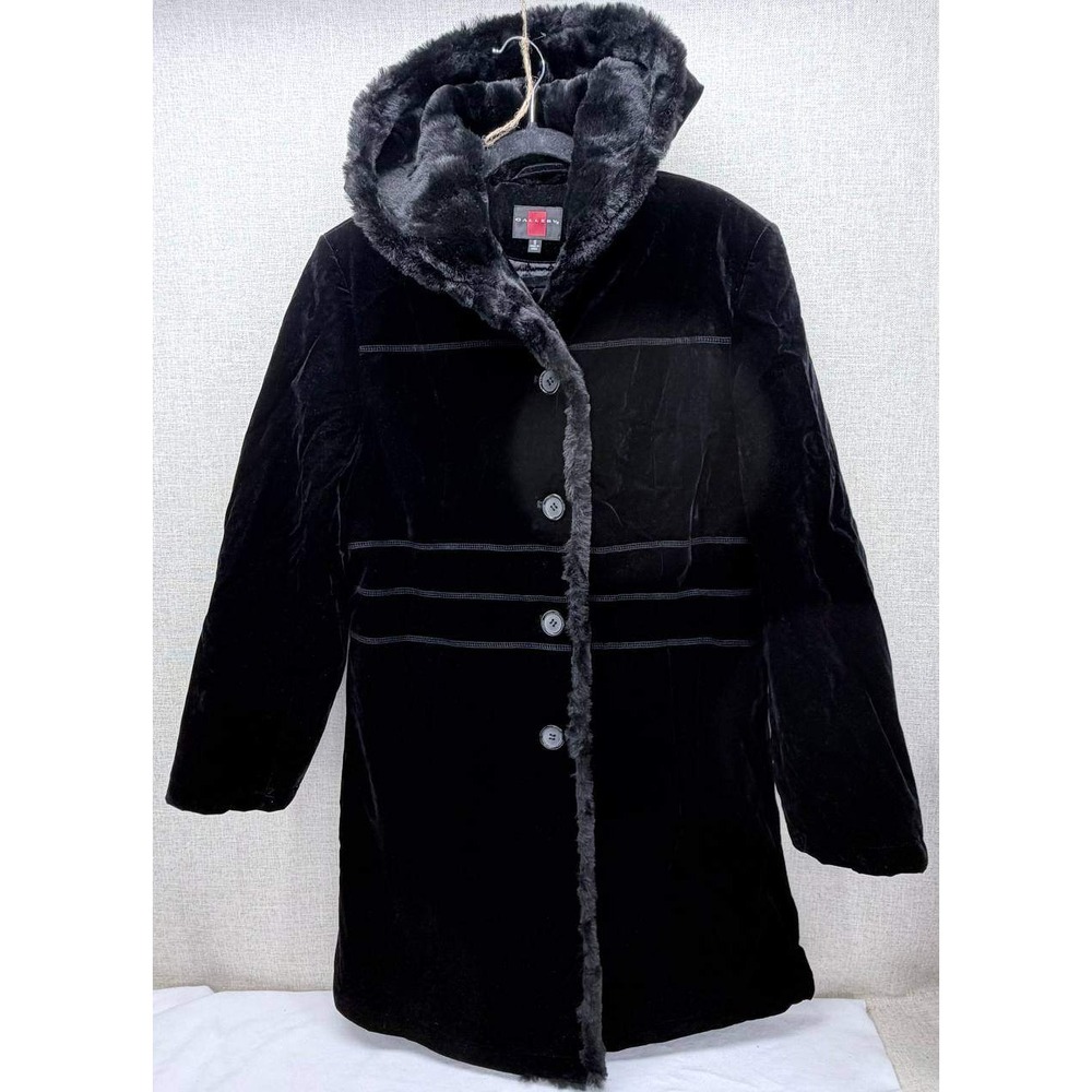 Gallery Womens Black Velvet Faux Fur Trim Hooded Parka Coat Size S Excellent
